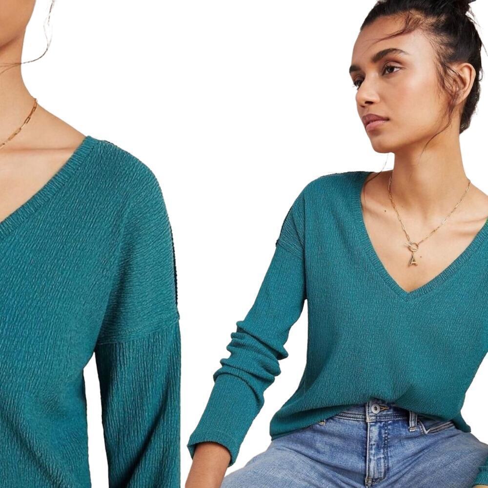 Anthropologie Crinkle Textured Willa V Neck Top XS Aqua Green Elevated Basic